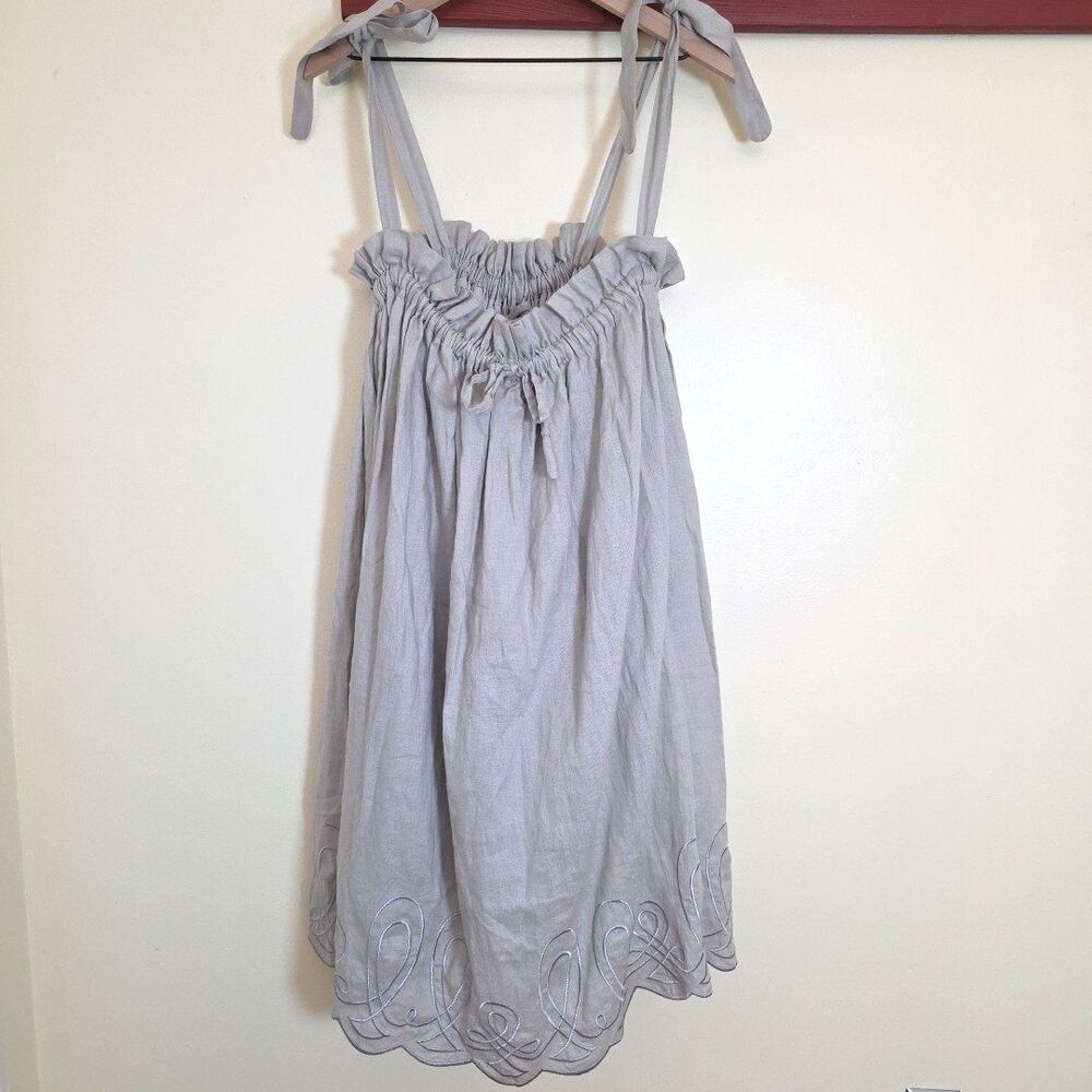 Innika Choo Linen Dress Skirt Tan O/S Cottage Coquette Embroidered Lined NWT - Picture 5 of 12